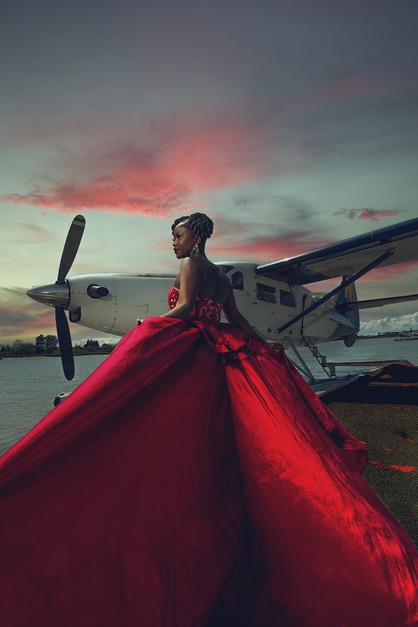 red Dress in waterfront area